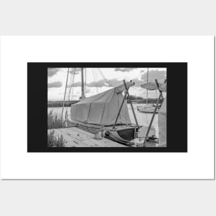 Traditional wooden sailing boat moored on the River Thurne, Norfolk Posters and Art
